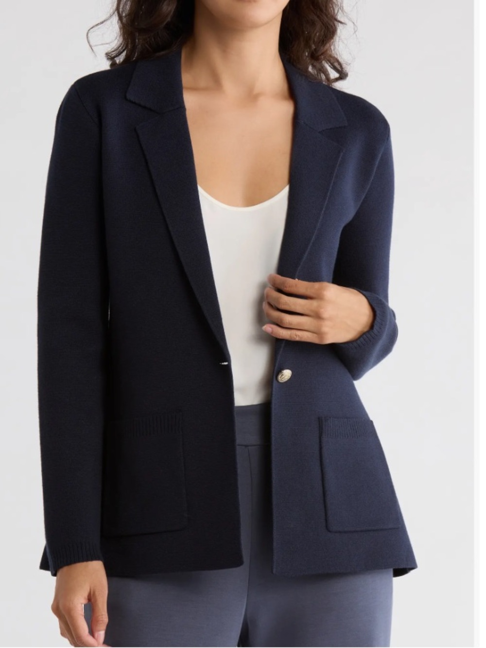 New Tahari Single-Button Cardigan Knit Navy patch pocket Blazer Sz xlg nwt